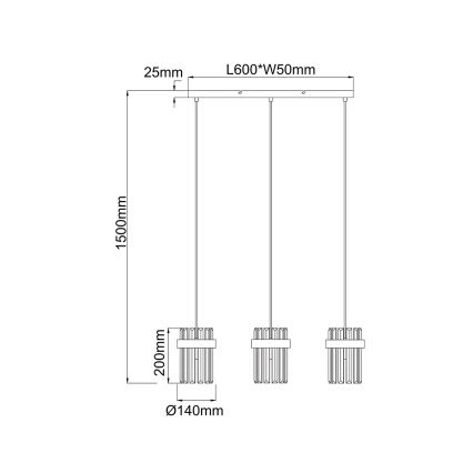 Lustre suspenso por cabo VETRO 3xE14/10W/230V dourado