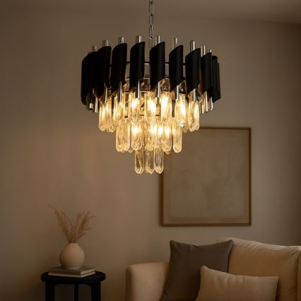 Lustre suspenso por corrente CRISTAL 5xE14/10W/230V Ø 38 cm preto/cromado mate