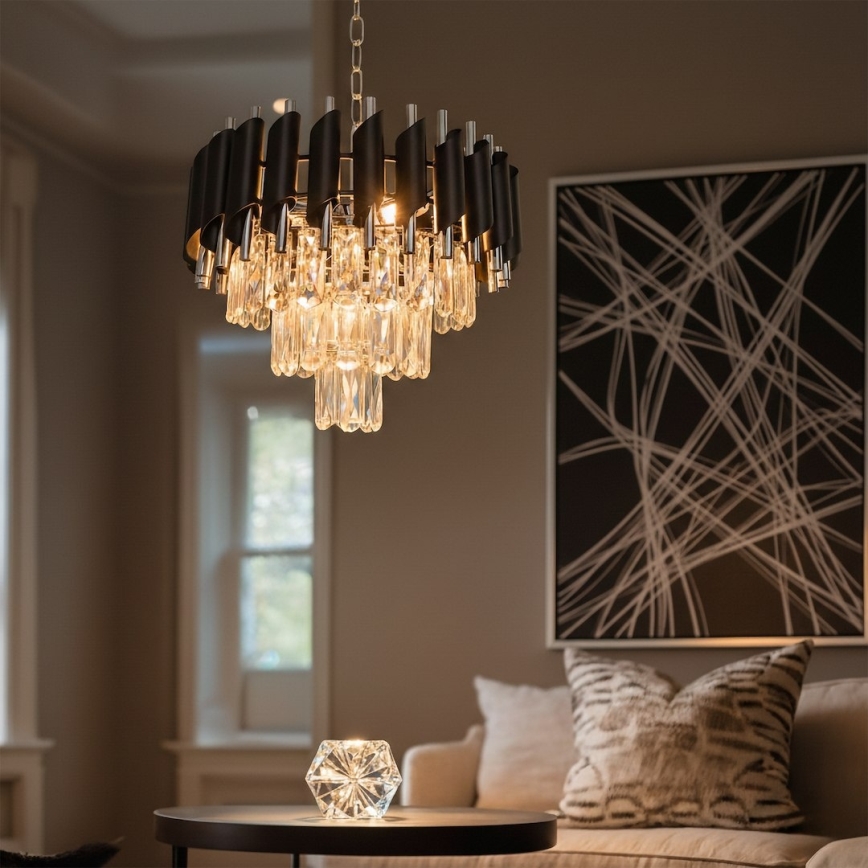 Lustre suspenso por corrente CRISTAL 5xE14/10W/230V Ø 38 cm preto/cromado mate