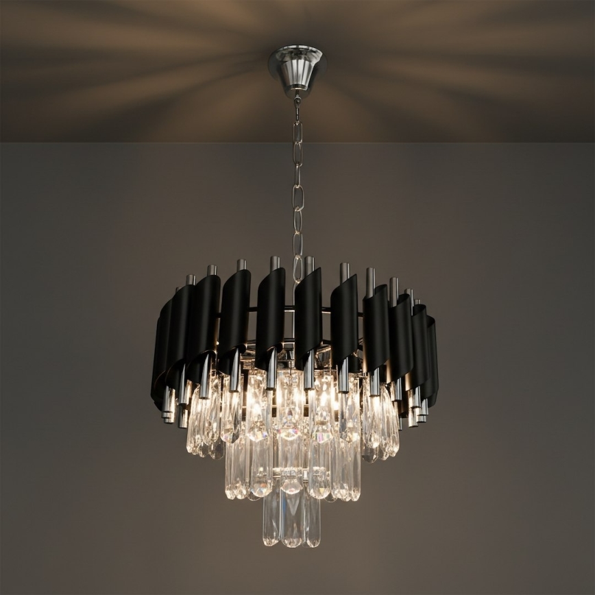 Lustre suspenso por corrente CRISTAL 5xE14/10W/230V Ø 38 cm preto/cromado mate