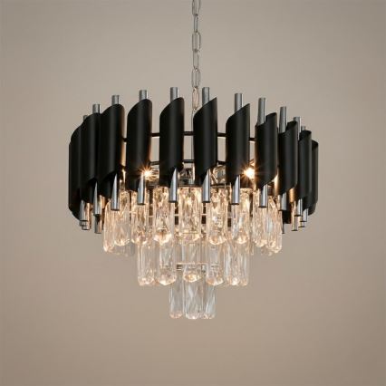 Lustre suspenso por corrente CRISTAL 5xE14/10W/230V Ø 38 cm preto/cromado mate