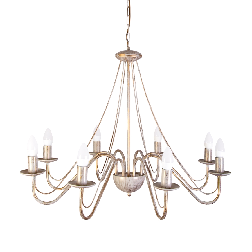 Lustre suspenso por corrente MALBO 8xE14/10W/230V branco/dourado/pátina