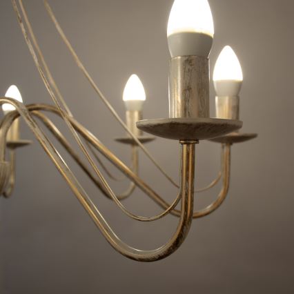 Lustre suspenso por corrente MALBO 8xE14/10W/230V branco/dourado/pátina