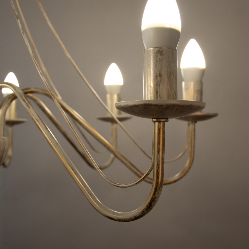 Lustre suspenso por corrente MALBO 8xE14/10W/230V branco/dourado/pátina
