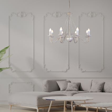 Lustre suspenso por corrente MALBO 8xE14/10W/230V branco/dourado/pátina