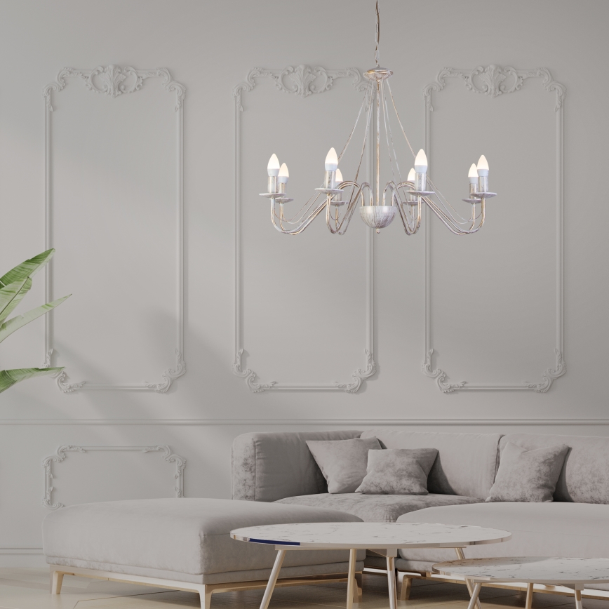 Lustre suspenso por corrente MALBO 8xE14/10W/230V branco/dourado/pátina