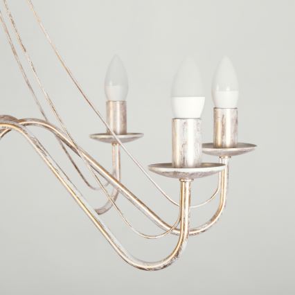 Lustre suspenso por corrente MALBO 8xE14/10W/230V branco/dourado/pátina