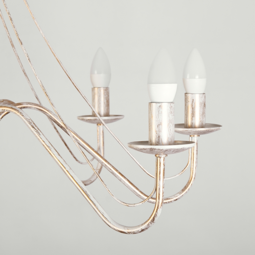 Lustre suspenso por corrente MALBO 8xE14/10W/230V branco/dourado/pátina