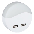 Luz LED noturna com sensor de anoitecer 2xUSB LED/0,45W/230V 3000K