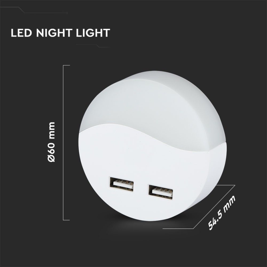 Luz LED noturna com sensor de anoitecer 2xUSB LED/0,45W/230V 3000K