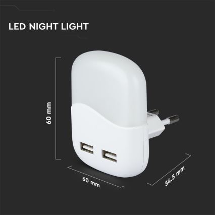 Luz Noturna LED com Sensor Crepuscular para Tomada 2xUSB LED/0,45W/230V 4000K