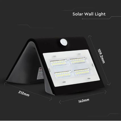 Luminária de parede solar LED com sensor LED/3W/3,7V 3000/4000K IP65 2000 mAh preta