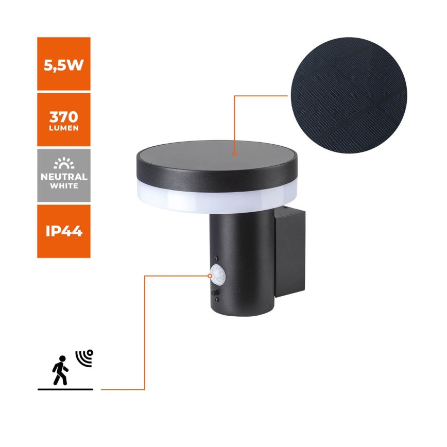 Luminária de parede solar LED com sensor SOLARIS3 LED/5,5W/3,7V 4000K IP44 2600 mAh