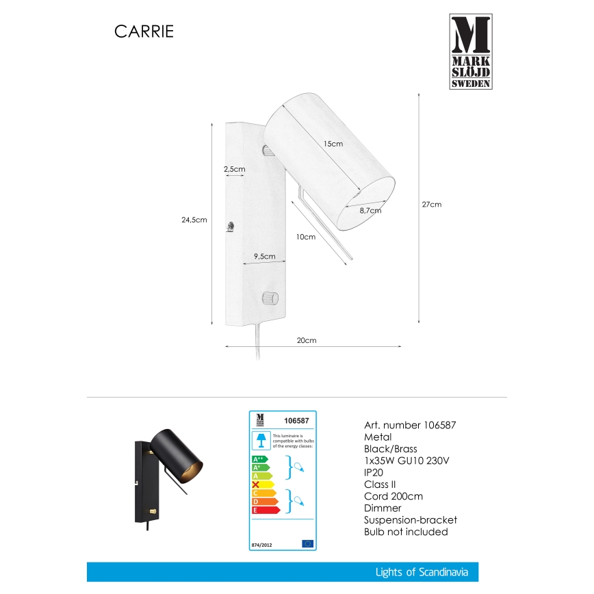 Markslöjd 106587 - Luz da parede com regulação CARRIE 1xGU10/35W/230V preto antigo