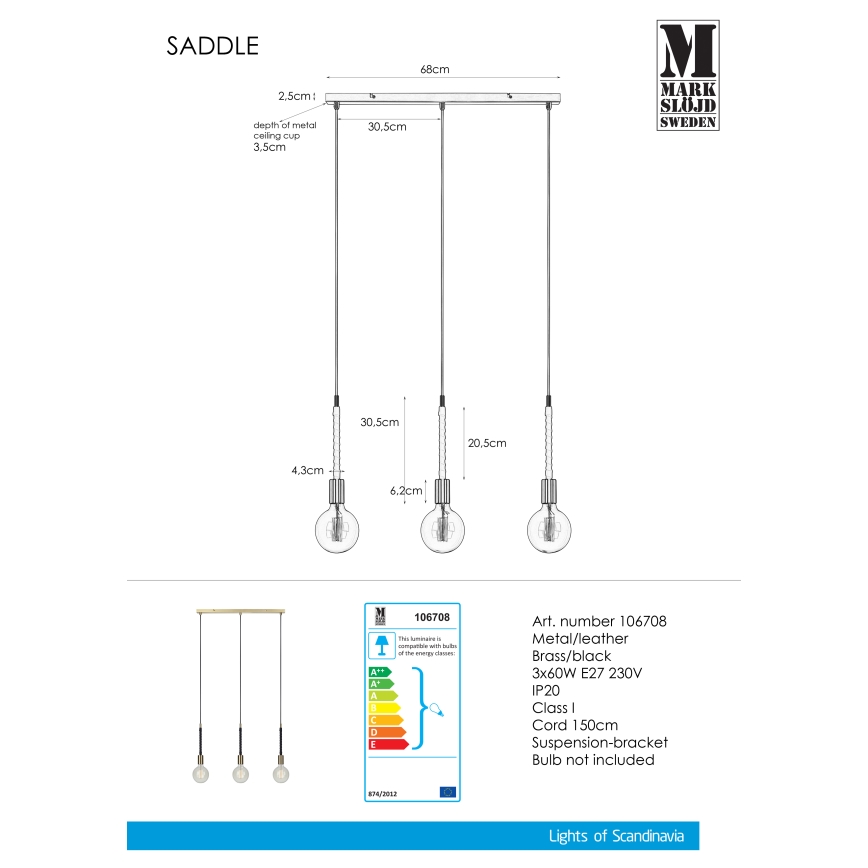 Markslöjd 106708 - Candelabro num fio SEDLO 3xE27/60W/230V