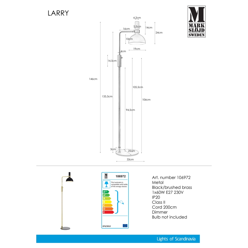 Markslöjd 106972 - Luz de chão com regulação LARRY 1xE27/60W/230V preto antigo/dourado