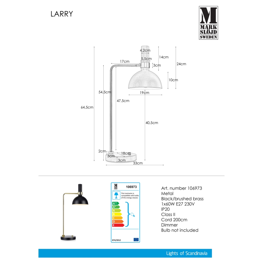 Markslöjd 106973 - Luz de mesa com regulação LARRY 1xE27/60W/230V