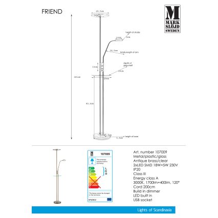 Markslöjd 107009 - Candeeiro de chão fosco LED FRIEND LED/18W/230V + LED/5W