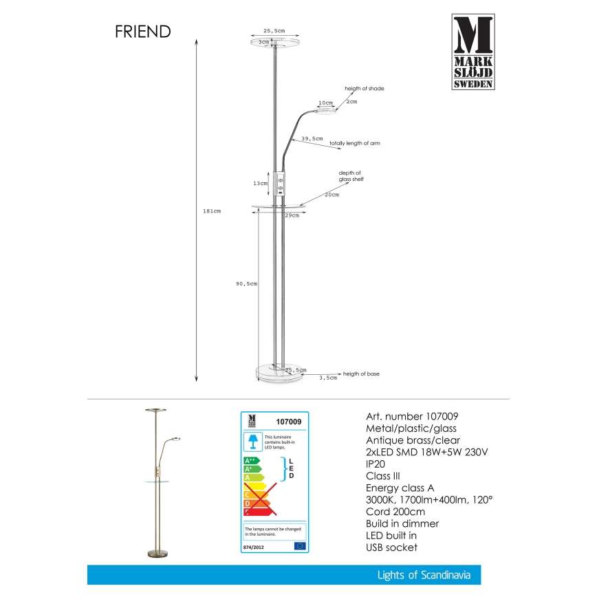 Markslöjd 107009 - Candeeiro de chão fosco LED FRIEND LED/18W/230V + LED/5W