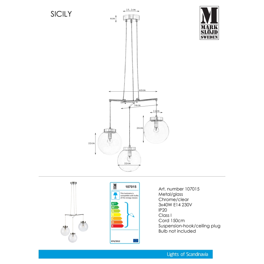 Markslöjd 107015 - Candelabro num fio SICILY 3xE14/40W/230V