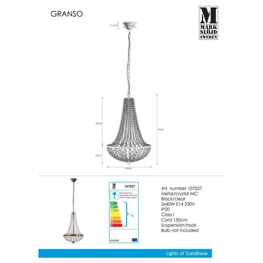 Markslöjd 107027 - Candelabro de cristal de corrente GRÄNSÖ 2xE14/40W/230V