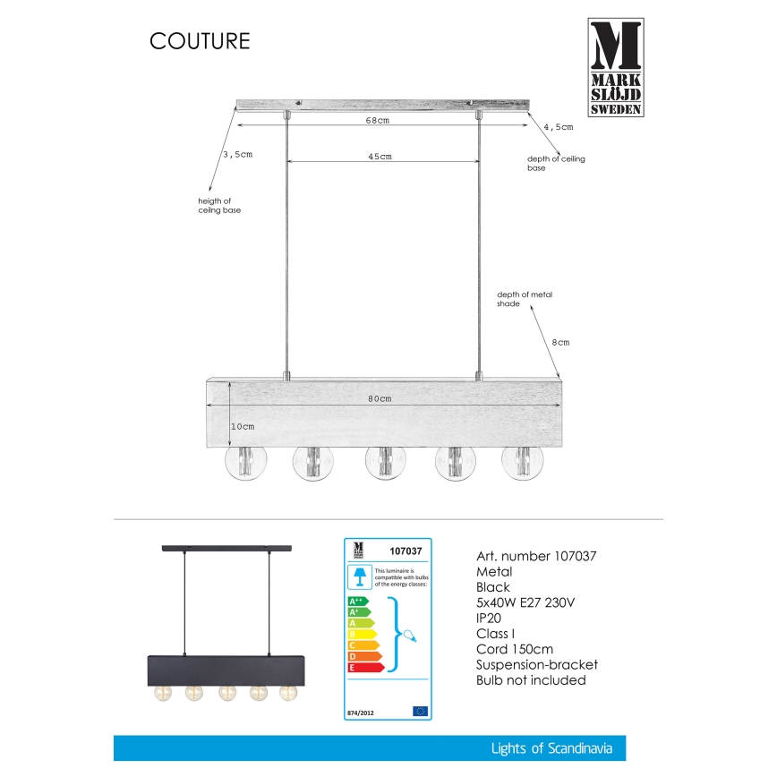 Markslöjd 107037 - Candelabro num fio COUTURE 5xE27/40W/230V