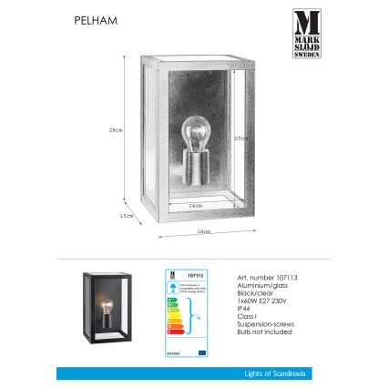 Markslöjd 107113 - Iluminação de parede exterior PELHAM 1xE27/60W/230V IP44 preto