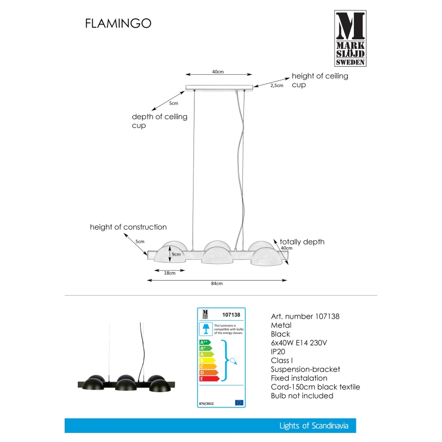 Markslöjd 107138 - Candelabro num fio FLAMINGO 6xE14/40W/230V preto antigo