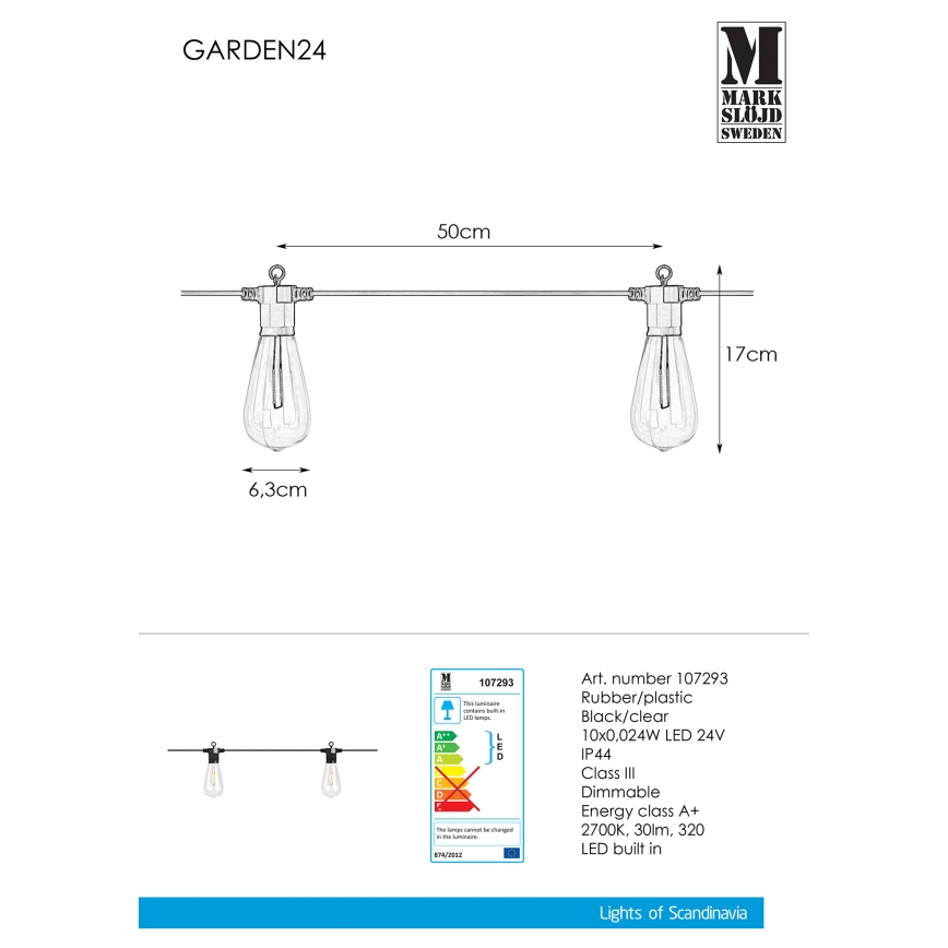 Markslöjd 107293 - Cordão decorativo LED para exterior GIRLANDA GARDEN 10xLED 5,5m IP44