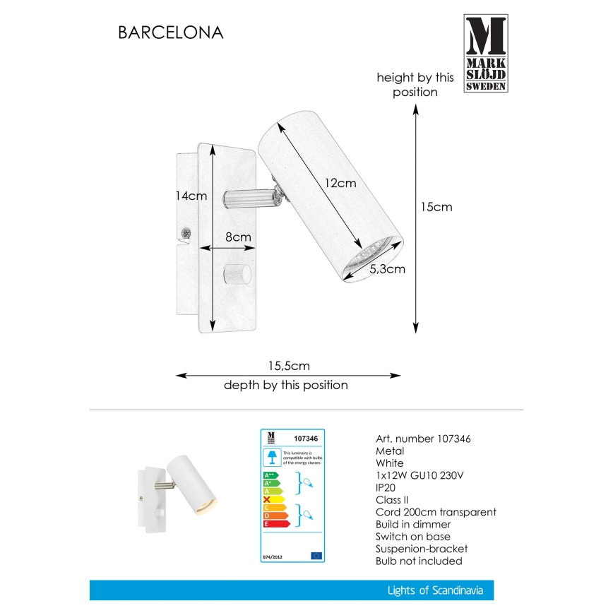 Markslöjd 107346 - Luminária de parede com foco regulável BARCELONA 1xGU10/12W/230