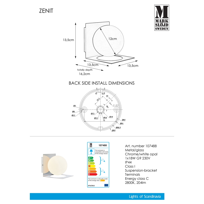 Markslöjd 107488 - Luz de parede para casa de banho ZENIT 1xG9/18W/230V IP44