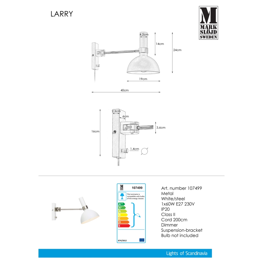 Markslöjd 107499 - Luminária de parede dimmerizável LARRY 1xE27/60W/230V