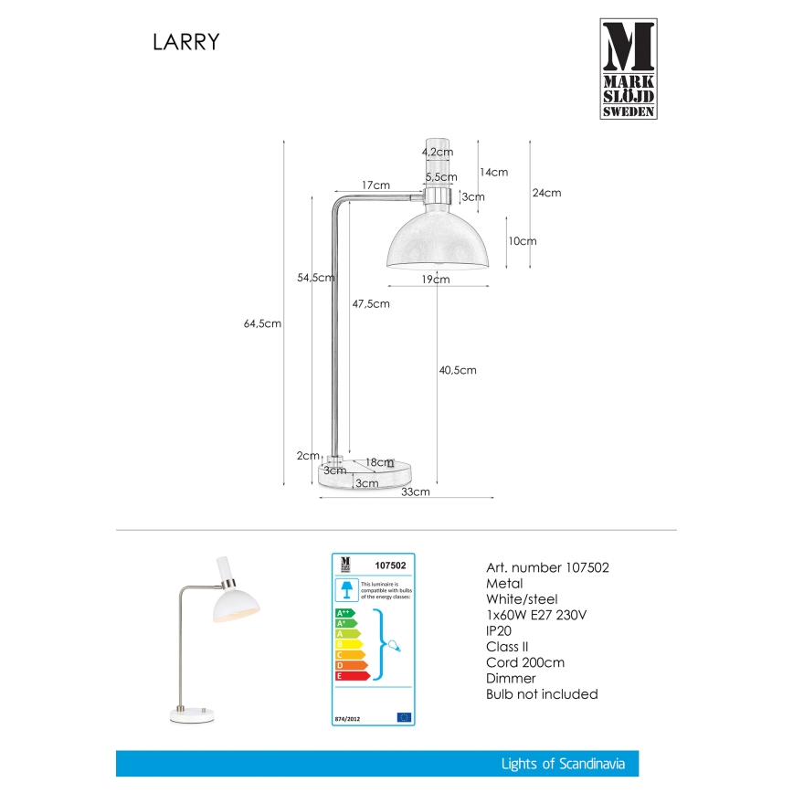 Markslöjd 107502 - Luz de mesa com regulação LARRY 1xE27/60W/230V