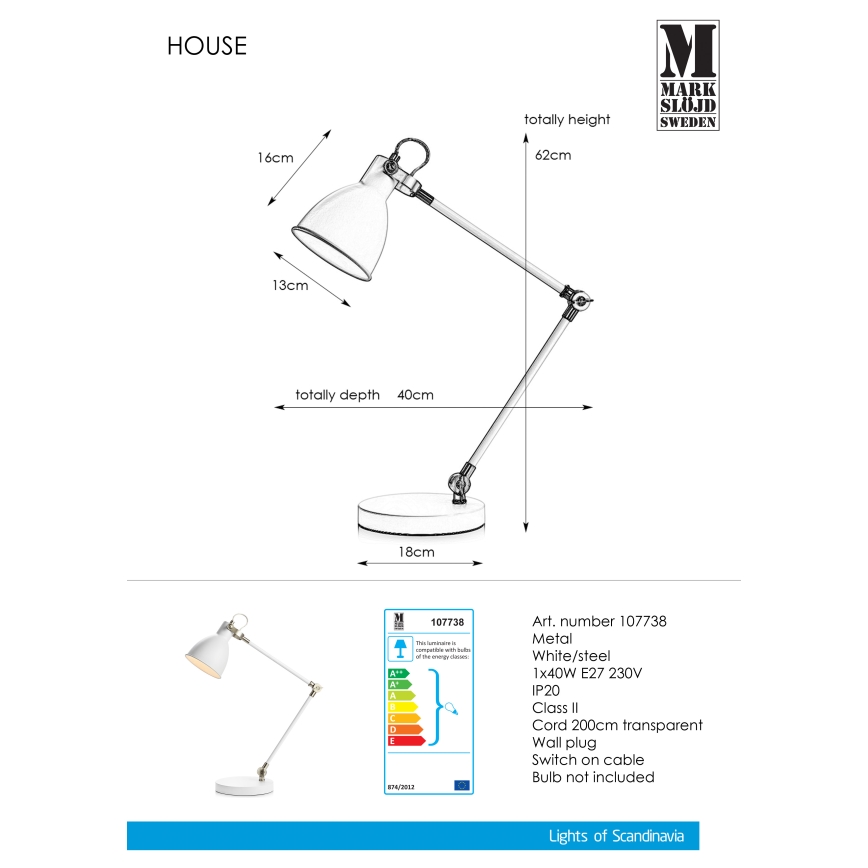 Markslöjd 107738 - Lâmpada de mesa HOUSE 1xE27/40W/230V