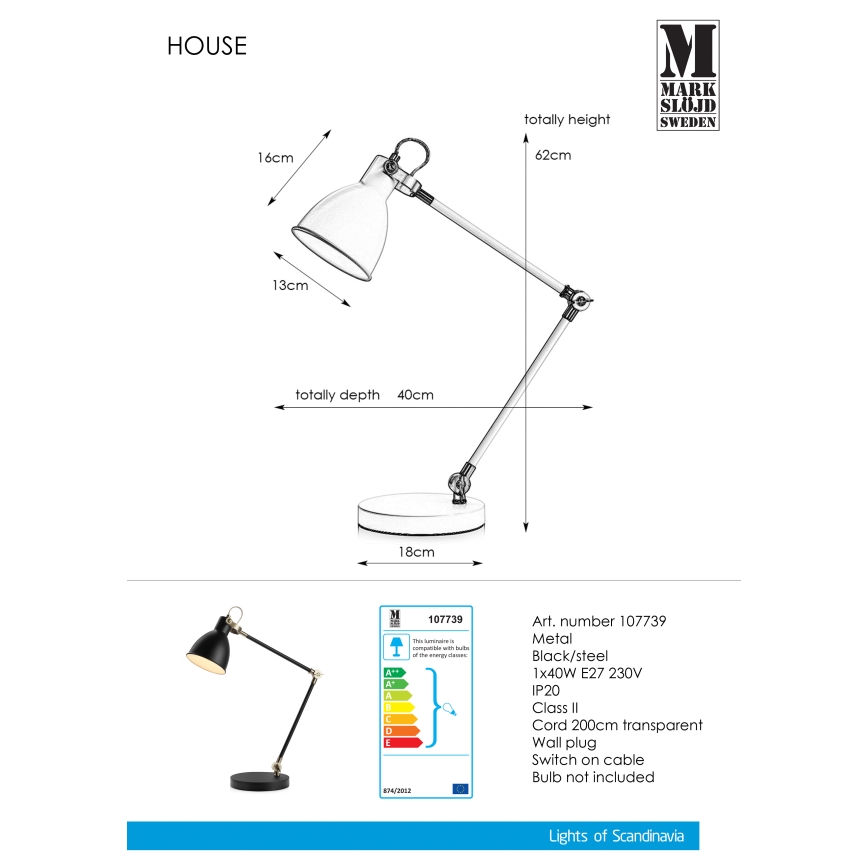 Markslöjd 107739 - Lâmpada de mesa HOUSE 1xE27/40W/230V