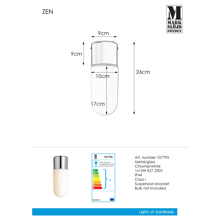 Markslöjd 107795 - Luz de teto de casa de banho ZEN 1xE27/15W/230V IP44