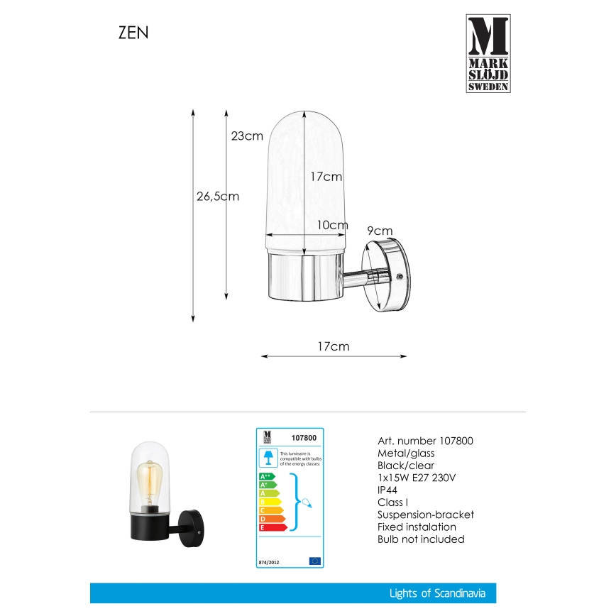 Markslöjd 107800 - Luz de parede para casa de banho ZEN 1xE27/15W/230V IP44