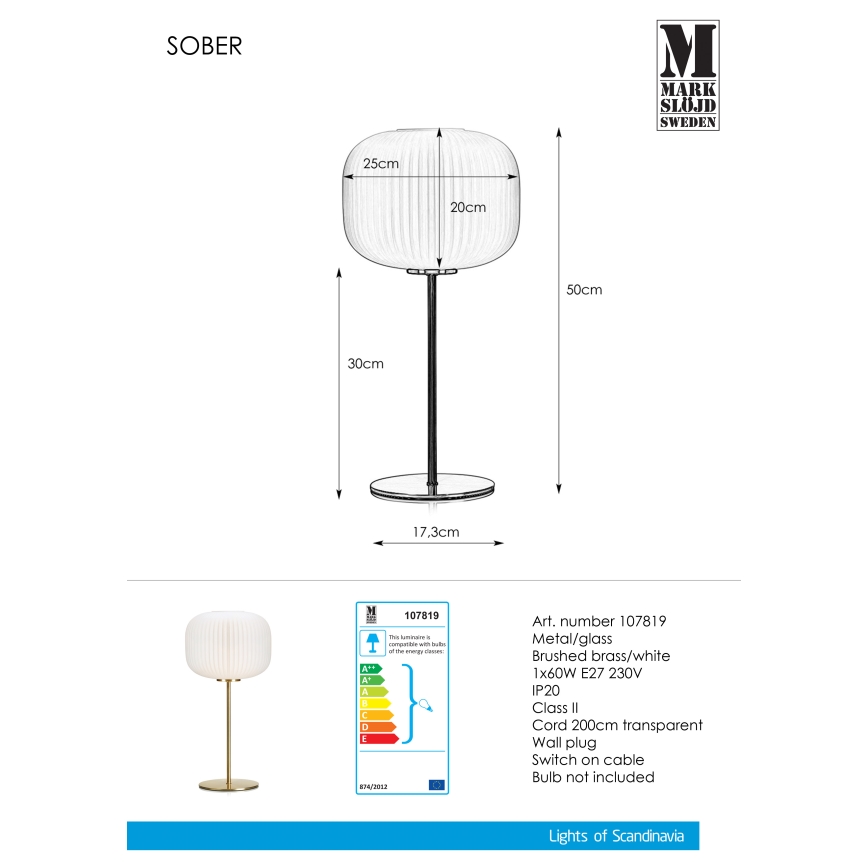 Markslöjd 107819 - Candeeiro de mesa SOBER 1xE27/60W/230V branco/latão