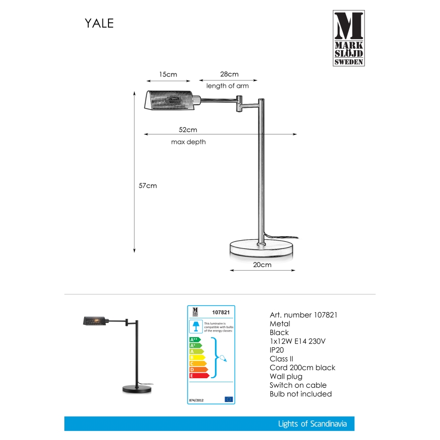Markslöjd 107821 - Lâmpada de mesa YALE 1xE14/12W/230V
