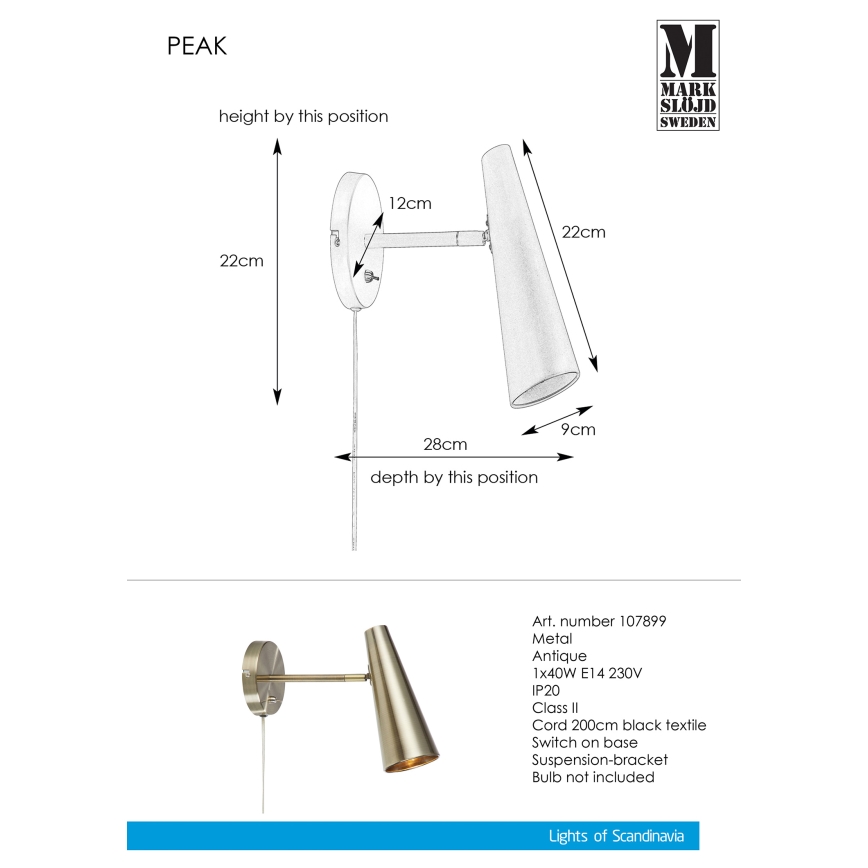 Markslöjd 107899 - Candeeiro de parede PEAK 1xE14/40W/230V