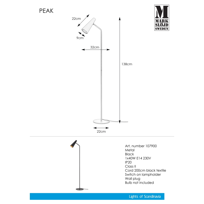 Markslöjd 107900 - Luminária de piso PEAK 1xE14/40W/230V