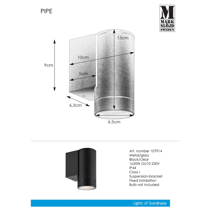 Markslöjd 107914 - Luz de parede de exterior PIPE 1xGU10/35W/230V IP44