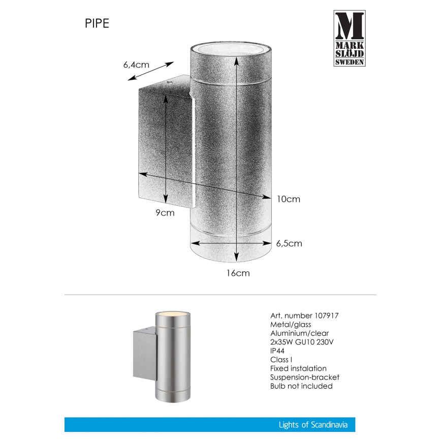 Markslöjd 107917 - Luz de parede de exterior PIPE 2xGU10/35W/230V IP44