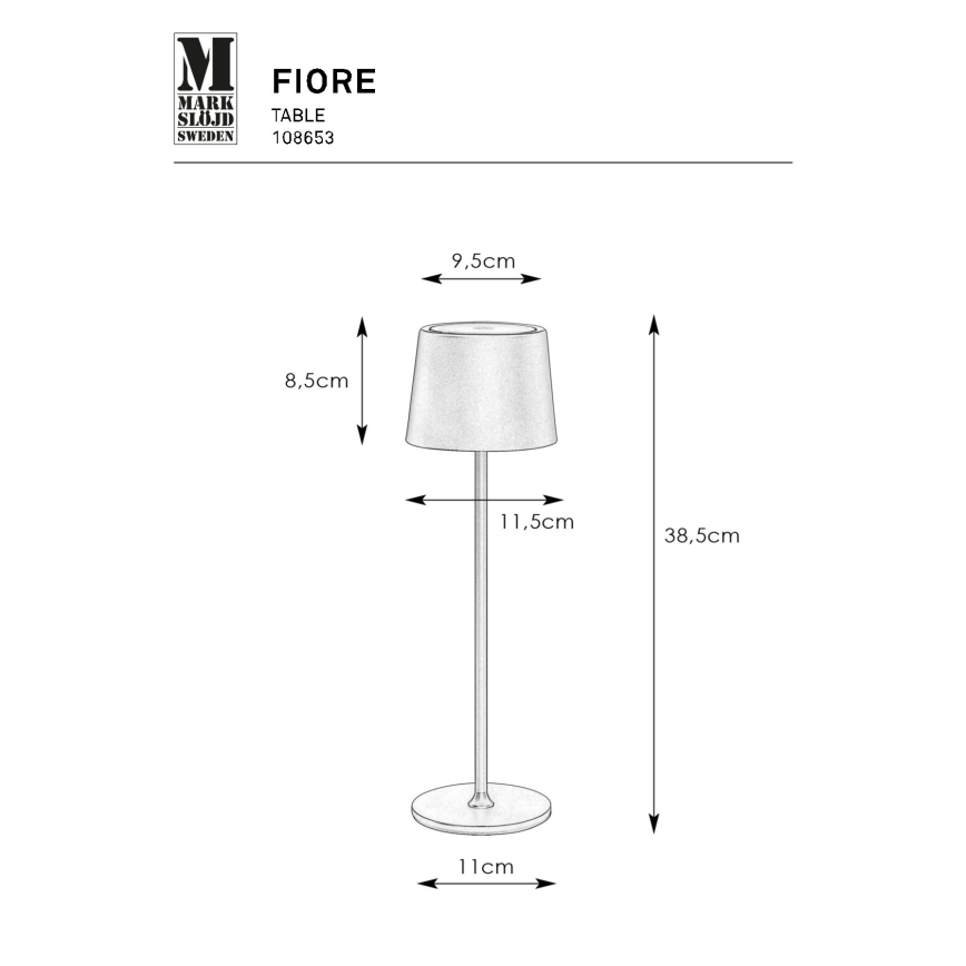 Markslöjd 108653- Candeeiro LED recarregável e regulável FIORE LED/2W/5V IP44 38cm preto