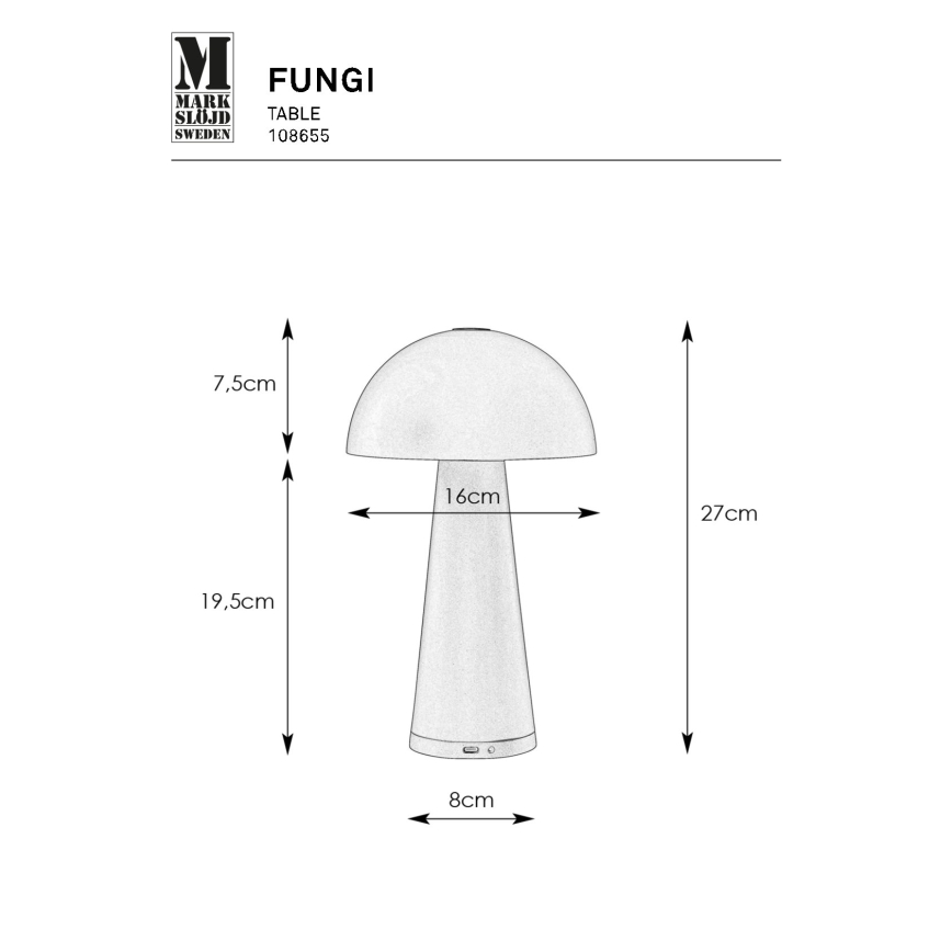 Markslöjd 108655 - Candeeiro LED recarregável e regulável FUNGI LED/1,5W/5V IP44 preto