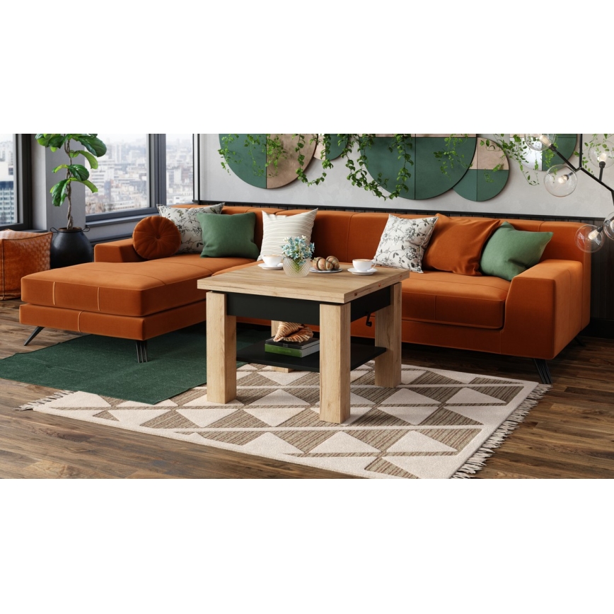 Mesa convertível de centro/jantar com tampo elevatório CALEB carvalho craft/preto