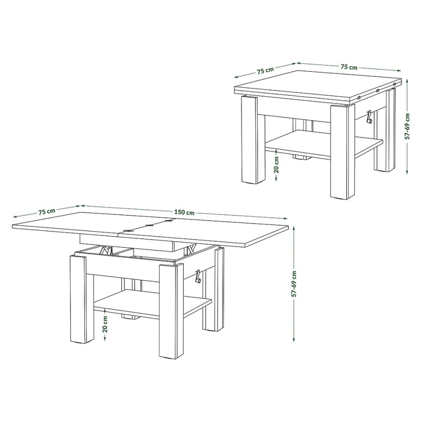 Mesa convertível de centro/jantar com tampo elevatório CALEB carvalho craft/preto