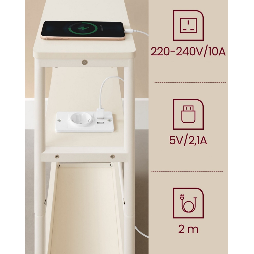 Mesa de apoio com tomada elétrica integrada e portas USB ROD branca/creme