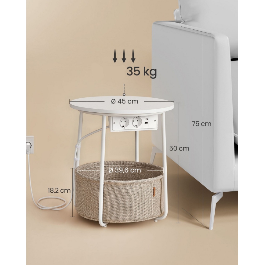 Mesa de apoio com tomadas embutidas e portas USB NOIRA 45 cm bege/branco