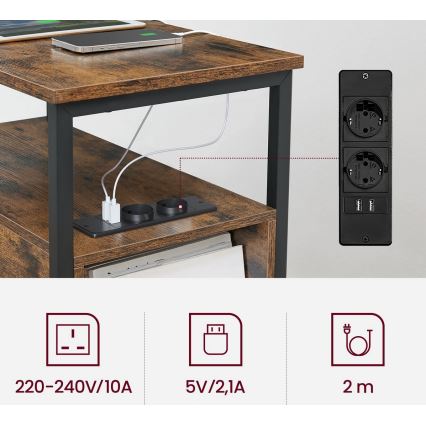 Mesa de apoio com tomadas integradas e portas USB ROD castanho/preto
